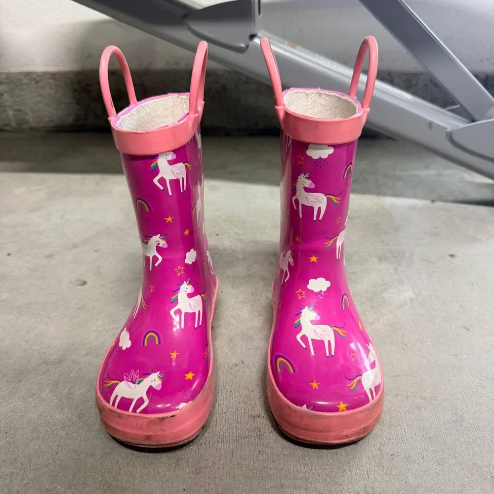 Rain Boots Pink Unicorn Rainbow Pull On Toddler Kids Size 8
